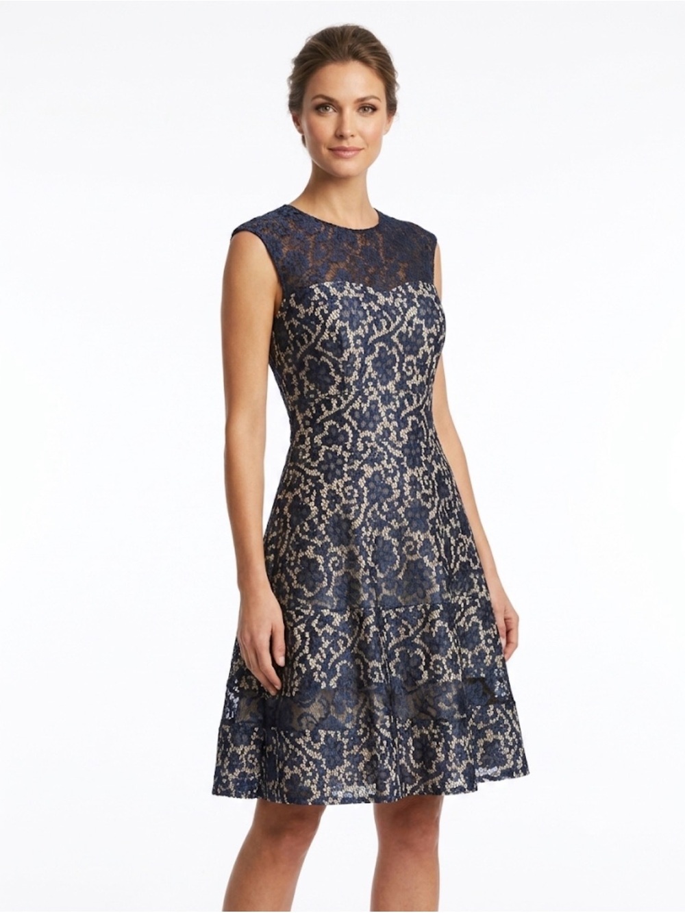 Kay Unger Navy Lace Fit Flare Dress Sleeveless Knee Length Size 6